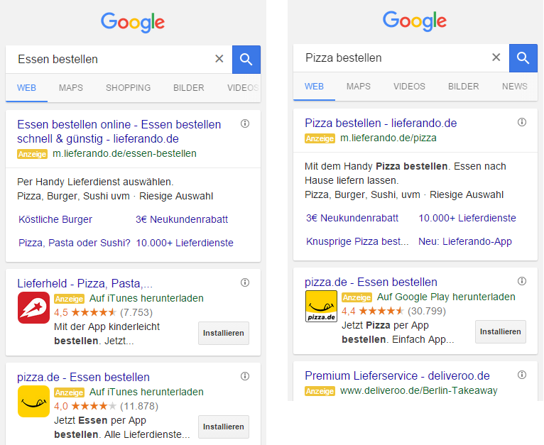 Google bietet seit 2014 die Möglichkeit an, über AdWords Anzeigen zu schalten, in denen Apps direkt beworben werden – inklusive Installations-Button (links: iOS, rechts: Android).