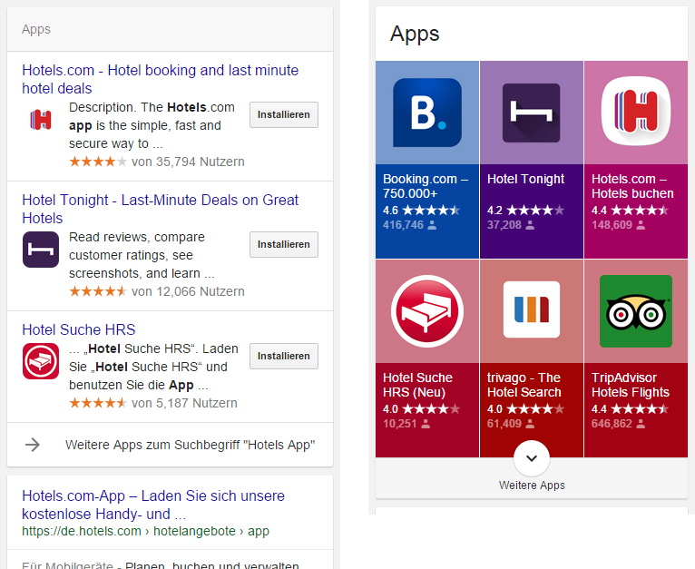 Google-App-Packs sind innerhalb der mobilen Suchergebnisse abgegrenzt und bilden eine Art eigene Ergebnisliste (links iOS, rechts Android)