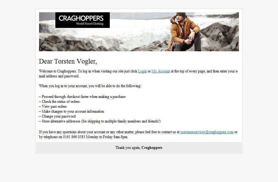 Auch schnöde Transkaktionsmails können durch ansprechende Gestaltung das Markenimage prägen. (Screenshot: Craghoppers)