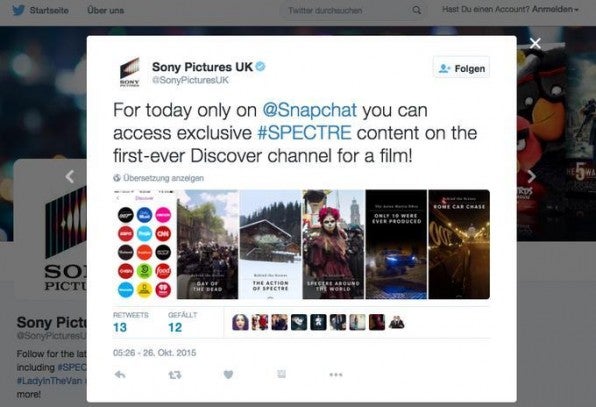 Der erste Snapchat-Discover-Channel für einen Film: Sony Pictures Entertainment kündigte die Vorschau zum neuen James-Bond-Streifen „Spectre“ bei Twitter an.