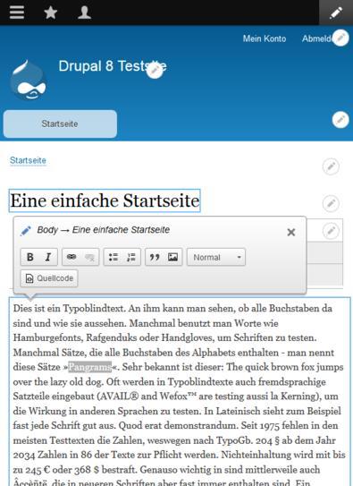 Drupal 8 kommt endlich mit einem integriertem WYSIWIG-Editor, und zwar mit dem umfgangreich konfigurierbaren CKEditor.