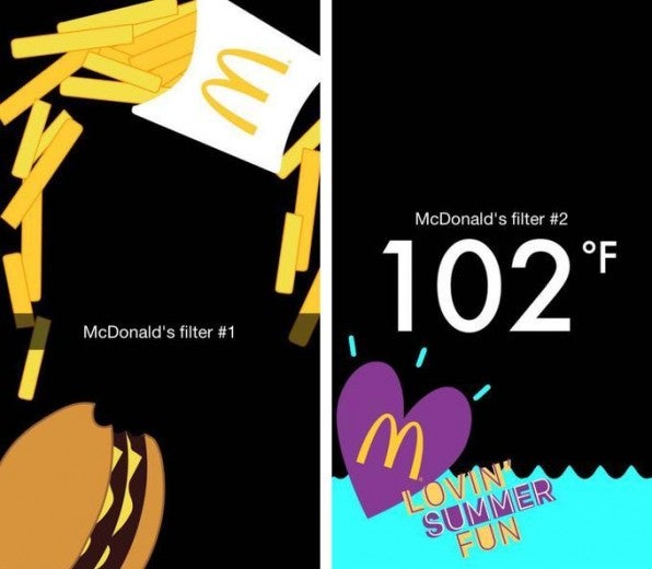 Branded Filter sind eine kostenpflichtige Möglichkeit für Unternehmen, Snapchat als Marketingkanal zu nutzen. So konnten Snapchatter zum Beispiel die Geofilter von McDonald’s nur in den Filialen nutzen. 