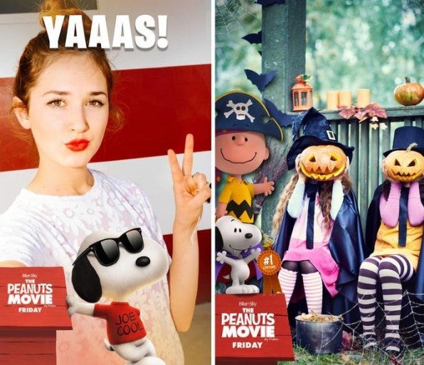 Twentieth Century Fox nutzte Branded Lenses, um den neuen Peanuts-Film zu promoten. Zu Halloween gab es in den USA beispielsweise zwei befristete Lenses: Eine für den Tag und eine für die Nacht.