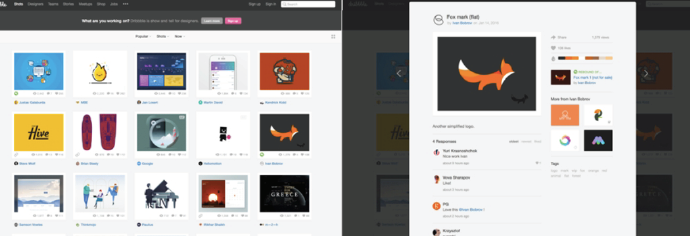 Die soziale Plattform für Kreative Dribbble setzt das Card Design – wie Pinterest – konsequent um. Um längere Inhalte zu sehen, können Nutzer scrollen. (Screenshot: t3n)