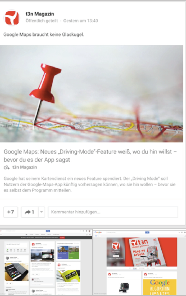 Google+ setzt Card Design für eine nahtlose User-Experience ein und bietet zusätzliche Interaktionsmöglichkeiten wie Kommentare und +1-Angaben direkt innerhalb der Card. (Screenshot: t3n)