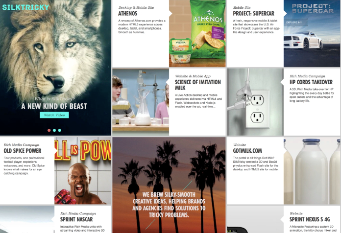 Die Agentur Silktricky setzt neben Bildern und Texten auch Animationen und Videos in dem Masonry-Layout auf ihrer Website ein. (Screenshot: t3n)