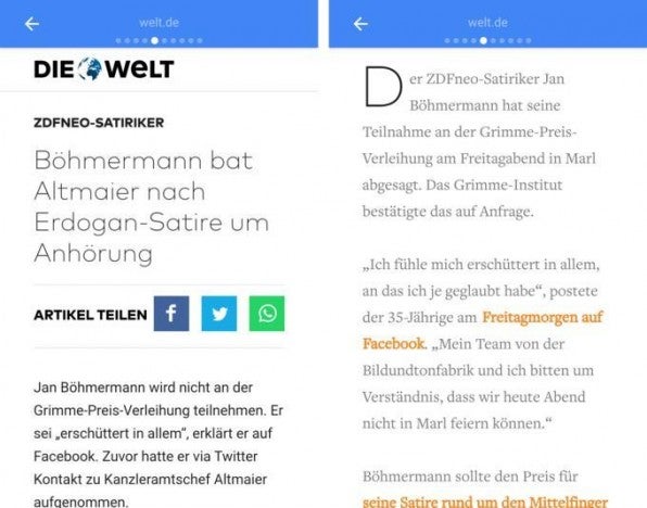 Auf den Text kommt es an: Die aktuellen Nachrichten lassen sich via AMP sofort lesen, ein Klick auf einen externen Link ist nicht mehr notwendig. Auf diese Weise laden Seiten schneller, was besonders die Nutzung auf Smartphones angenehmer machen soll. Die Technologie basiert auf einer bestimmten HTML-Form, der AMP-HTML. Auf den Text kommt es an: Die aktuellen Nachrichten lassen sich via AMP sofort lesen, ein Klick auf einen externen Link ist nicht mehr notwendig. Auf diese Weise laden Seiten schneller, was besonders die Nutzung auf Smartphones angenehmer machen soll. Die Technologie basiert auf einer bestimmten HTML-Form, der AMP-HTML.