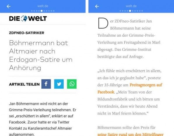 Auf den Text kommt es an: Die aktuellen Nachrichten lassen sich via AMP sofort lesen, ein Klick auf einen externen Link ist nicht mehr notwendig. Auf diese Weise laden Seiten schneller, was besonders die Nutzung auf Smartphones angenehmer machen soll. Die Technologie basiert auf einer bestimmten HTML-Form, der AMP-HTML.