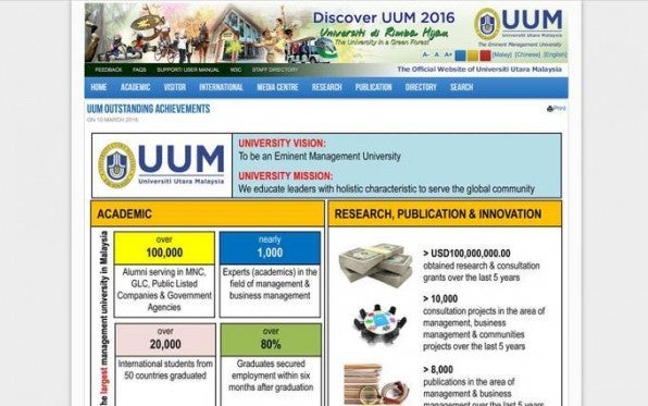 Die Website der Universiti Utara Malaysia ist typisch für Kulturen mit hoher Machtdistanz: Sie betont nationale und institutionelle Symbole sowie die führenden Kräfte.