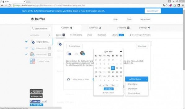 Buffer bietet in seiner kostenlosen Version unter anderem eine der Basisfunktionen von Social-Media-Dashboards: das Planen von Beiträgen für mehrere Kanäle gleichzeitig. Buffer bietet in seiner kostenlosen Version unter anderem eine der Basisfunktionen von Social-Media-Dashboards: das Planen von Beiträgen für mehrere Kanäle gleichzeitig.