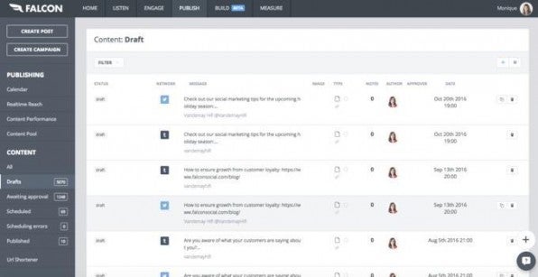 Das Social-Media-Dashboard Falcon Social stellt in einer übersichtlichen Liste alle Beiträge bereit, die gerade in Arbeit sind. So lässt sich schnell überblicken, mit welchen Inhalten die Kollegen gerade beschäftigt sind. Das Social-Media-Dashboard Falcon Social stellt in einer übersichtlichen Liste alle Beiträge bereit, die gerade in Arbeit sind. So lässt sich schnell überblicken, mit welchen Inhalten die Kollegen gerade beschäftigt sind.