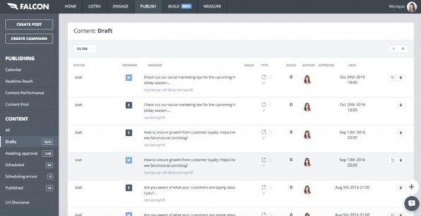 Das Social-Media-Dashboard Falcon Social stellt in einer übersichtlichen Liste alle Beiträge bereit, die gerade in Arbeit sind. So lässt sich schnell überblicken, mit welchen Inhalten die Kollegen gerade beschäftigt sind.
