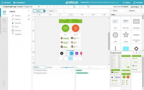 Proto.io ist stark auf Mobile ausgerichtet und nur online verfügbar. Das Tool kann Screens mit mehreren Zuständen versehen und zwischen ihnen wechseln.