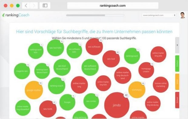 Auch SEO-unerfahrene Anwender kommen mit Onpage-Optimierungslösungen weiter. Die Anwendung RankingCoach wendet sich etwa gezielt an Unternehmer, die SEO-Maßnahmen selbst umsetzen wollen. Zum Beispiel liefert es optisch eingängige Vorschläge für Keywords.
