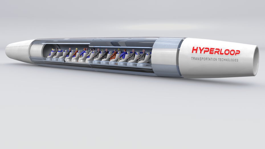 Augmented Reality statt Fenster: Der Hyperloop fährt nicht nur selbst mit modernster Technologie, sondern nutzt diese auch im Innenraum. Eyetracking soll den Fahrgästen das Gefühl geben, tatsächlich nach draußen zu schauen. (Foto: Hyperloop)