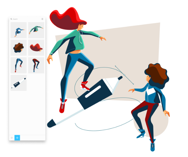 Skizze 4: Um möglichst flexibel und effizient zu arbeiten, sollten sich Designer eine Bibliothek mit Elementen ihrer Illustrationen anlegen: zum Beispiel Arme, Beine, Köpfe oder auch Ausstattungsgegenstände für eine Szene. (Illustration: Livie Leontidis)
