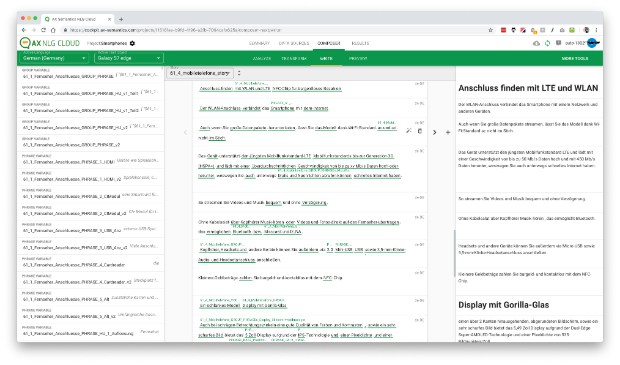 Ein Textgenerator wie AX Semantics erstellt variierende Texte in beliebiger Anordnung mit Informationen aus Datenbanken. Das Tool beherrscht die Grammatik von über hundert Sprachen. (Screenshot: AX Semantics)