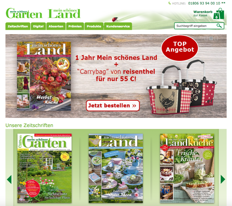 A: Mit einem A/B-Test wollte das Gartenmagazin „Mein schöner Garten“ die Zahl der Abonnement-Bestellungen und damit seinen Umsatz steigern. Die Hypothese: Die Anzahl der Warenkörbe lässt sich steigern, wenn das Gesamtsortiment präsentiert wird, anstatt wie bisher nur ein Top-Angebot. (Screenshot: Mein schöner Garten)