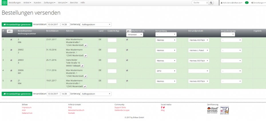 Die Middleware Billbee bietet neben Faktura und Warenwirtschaft umfang­reiche Funktionen zur Versandabwicklung, darunter die Erstellung von Versandetiketten, Übermittlung von Sendungs­informationen an Shops und Marktplätze sowie das automatische Versenden von Tracking-Links. (Screenshot: Billbee)