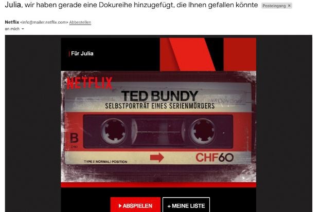 Netflix empfiehlt seinen Nutzern neue Folgen einer favorisierten Serie – oft sogar rechtzeitig am Tag, um das persönliche Abendprogramm zu planen. (Screenshot: Netflix)