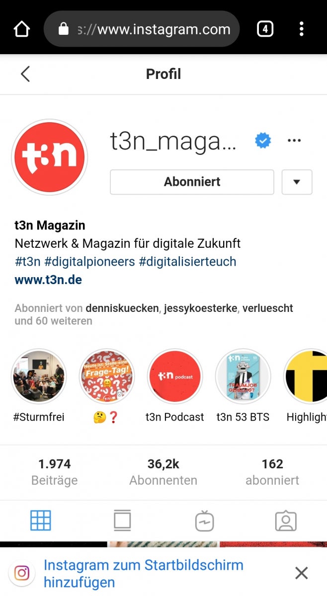 Wird eine Progressive- Web-App in Chrome unter Android aufgerufen, erscheint kurz darauf die Meldung „Zum Startbildschirm hinzufügen“. (Screenshot: Instagram)