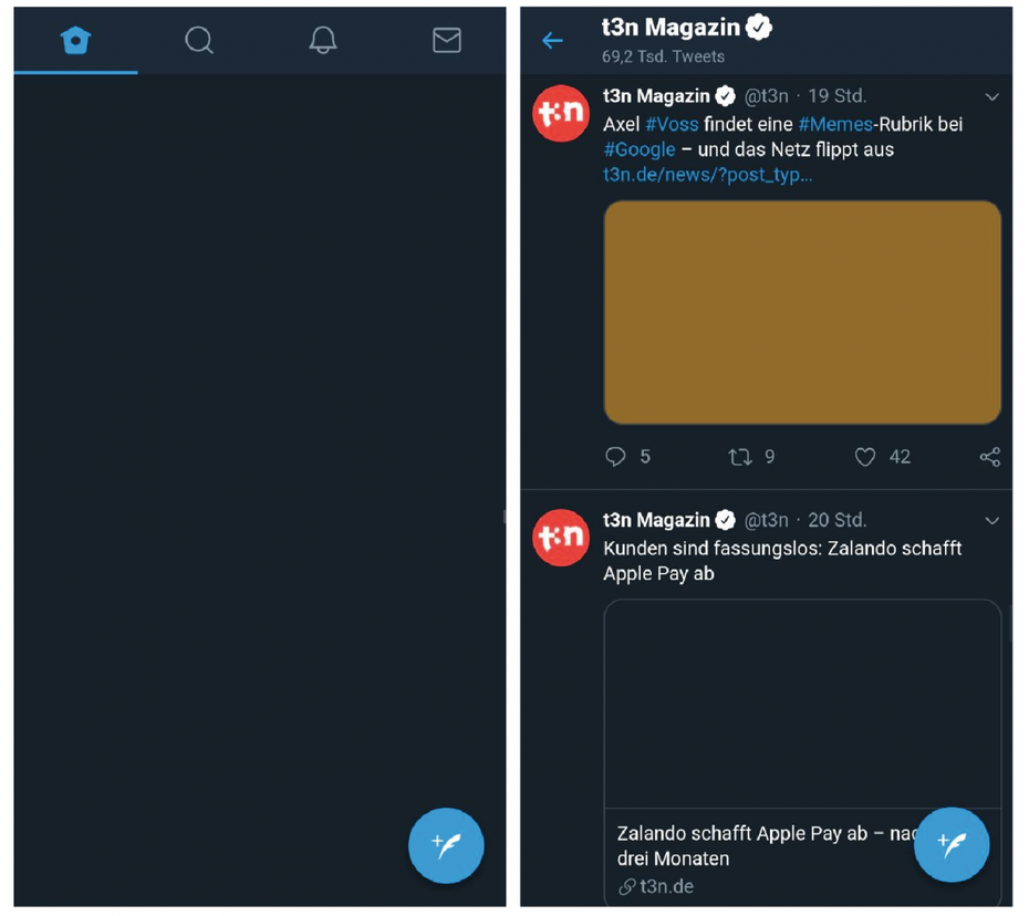 Links: Die Ladezeit der Progressive-­Web-App von Twitter ist häufig länger als die der nativen App (rechts). Überhaupt lohnt es sich kaum, viel genutzte Dienste als PWA aufzurufen. (Screenshot: Twitter)