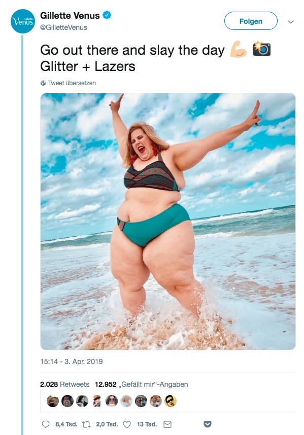 Gillette setzt in einer aktuellen Werbekampagne auf die Zusammen­arbeit mit Plus-Size-Model Anna O‘Brien und stellt bewusst klassische Schönheitskonzepte in Frage. (Screenshot: Twitter)