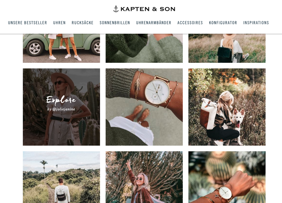 Uhrenhersteller Kapten & Son setzt stark auf die Kooperation mit Influencern. Brand Ambassadors sind unter anderem Lena Gercke und Farina Opoku (@novalanalove auf Instagram). (Screenshot: Kapten & Son)