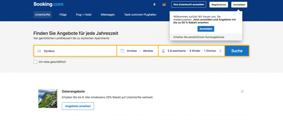 Nicht-modale Dialoge deaktivieren im Gegensatz zu den ­modalen Dialogen den Haupt-Screen nicht. Sie ­legen sich über das eigentliche Interface und weisen so auf ­ Informationen oder mögliche Interak­tionen hin. Der Nutzer kann sie aber ignorieren und wegklicken. Ein Beispiel dafür sind Aufforderungen, sich anzumelden oder einzuloggen, wie bei Booking.com. (Screenshot: Booking.com)