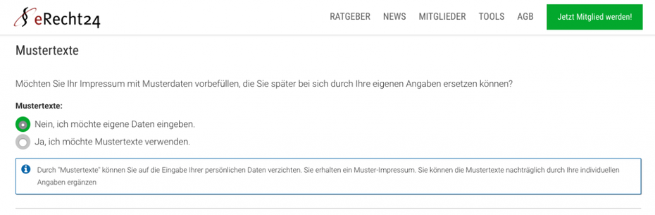 Auch beim Rechtsdienstleister E-Recht 24 können Nutzer Mustertexte, beispielsweise für das Impressum ihres Webshops, generieren. (Screenshot: E-Recht 24)