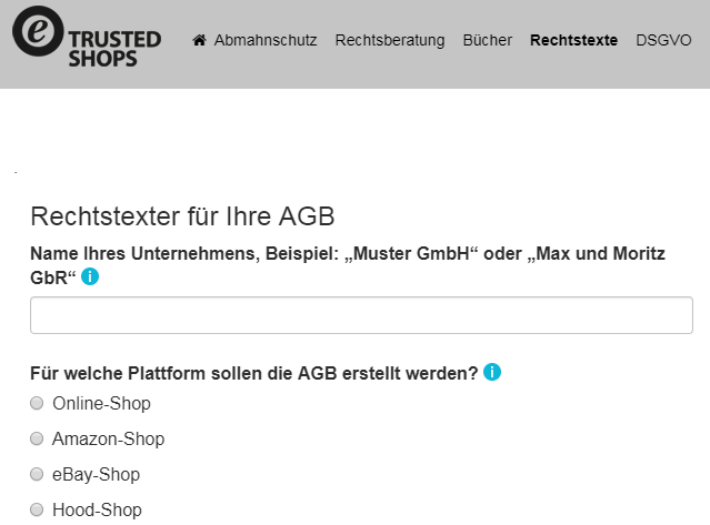 Neben umfangreichen Rechtstexten für viele europäische Länder stellt Trusted Shops auch einen AGB-Generator zur Verfügung. (Screenshot: Trusted Shops)