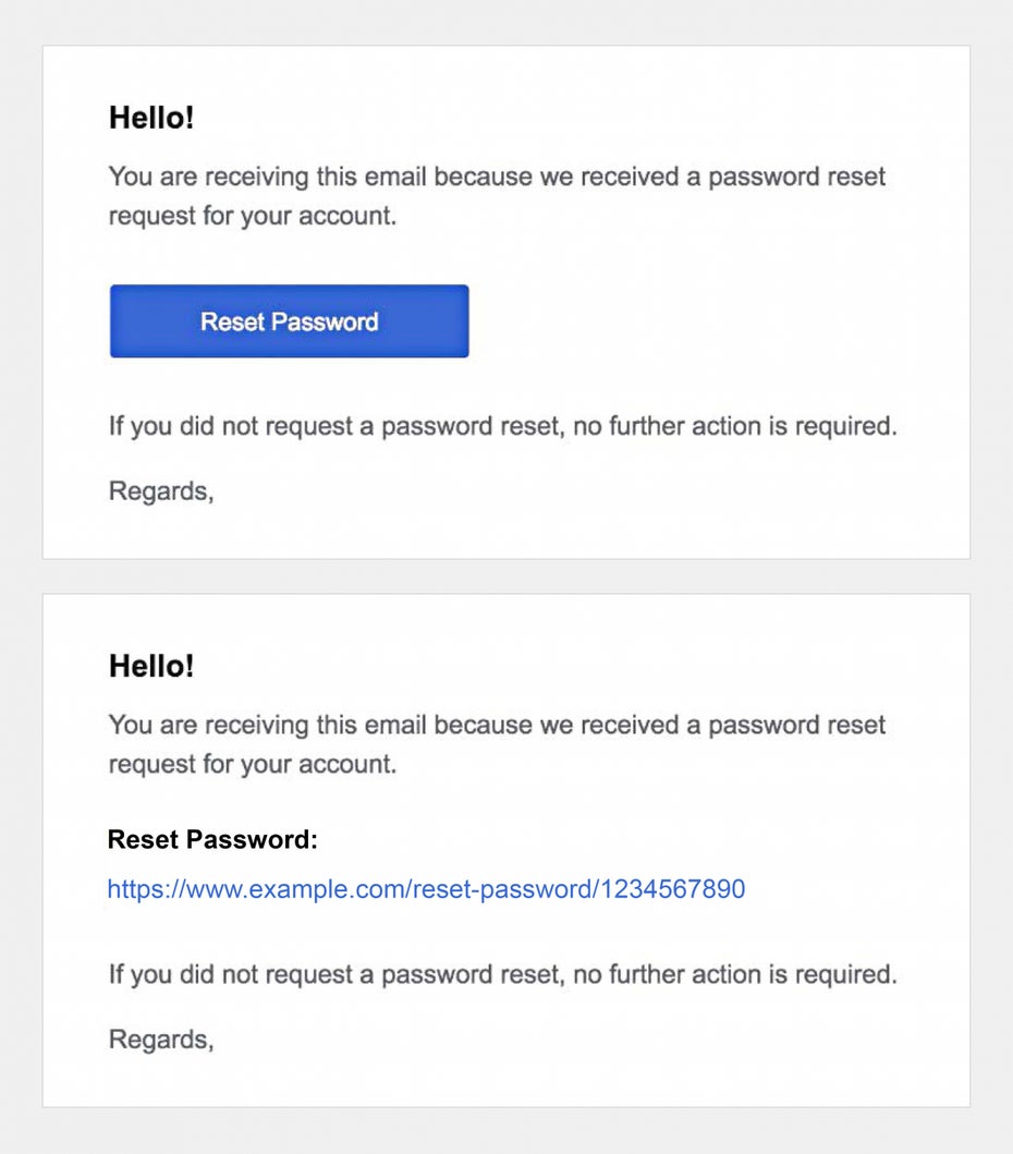 Die Vorliebe für schicke Klick-Buttons in HTML-Mails wird von E-Mail-Betrügern ausgenutzt, um Nutzer auf Phishing- oder Malware-Seiten umzuleiten. Sicherer sind Klickanweisungen mit deutlich sichtbarer URL, die dem Nutzer auf einen Blick zeigt, wo es hingeht. (Abbildung: t3n)