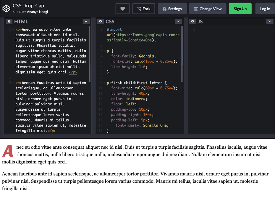 Schicker Texteinstieg mit CSS: Mit „first-letter“ lassen sich ­In­itiale in Größe, Farbe und Schrift­art bauen. (Screenshot: Codepen)
