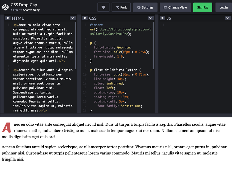 Schicker Texteinstieg mit CSS: Mit „first-letter“ lassen sich Initiale in Größe, Farbe und Schriftart bauen. (Screenshot: Codepen)