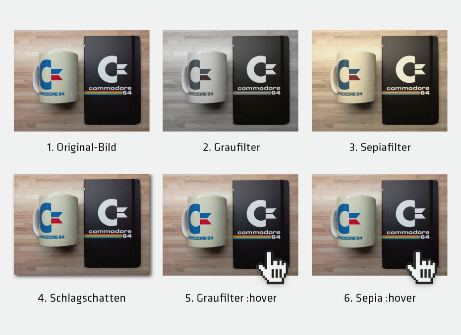Alle sechs Ansichten zeigen ­dasselbe Bild, nur die CSS-Angaben unterscheiden sich. Bild 2 erhielt einen Graufilter von 90 Prozent, Bild 3 einen Sepia-Farbton, Bild 4 einen Schlagschatten und Bild 5 und 6 jeweils einen Filter, der erst aktiv wird, wenn ein Nutzer mit der Maus darüber fährt. Damit der Mouseover- oder Hover­Effekt nicht zu abrupt erscheint, sorgt die Eigenschaft „transition“ für eine Übergangszeit von einer Sekunde. Das Ergebnis der beiden oberen Code-Fragmente können Web­designer auch auf Codepen ­betrachten: t3n.me/cssfilter. (Abbildung: Codepen/t3n)