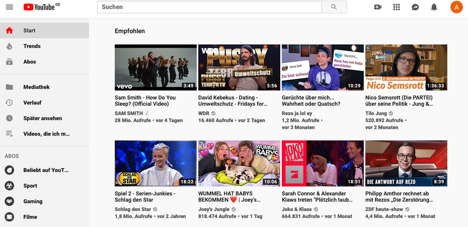 Die Youtube-Startseite, bestehend aus Vorschaubildern, Werbeanzeigen, Popups, großem ­Headerbild und vielem mehr ­verbraucht hingegen deutlich mehr CO2 pro Aufruf. (Screenshot: Youtube)