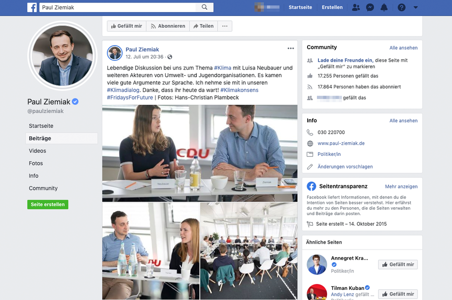 Im Juli lud CDU-Generalsekretär Paul Ziemiak Vertreter von Umwelt- und Jugendorganisationen zur Diskussion über das Klima ein. „Wenn jetzt noch halb so viel Liebe in die Klimakonzepte der CDU fließen würde, wie in die Social-­Media-Betreuung von diesem einen Gesprächstermin, wären wir einen großen Schritt weiter“, twitterte Teilnehmerin Luisa Neubauer von Fridays for Future im Anschluss. (Screenshot: Facebook/Paul Ziemiak)