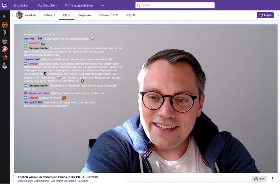 Konstruktive Kritik und Fragen auf hohem Niveau: Tiemo Wölken, SPD-Abgeordneter im Europa­parlament, schätzt die politischen Diskussionen auf der ­Streaming-Plattform Twitch. (Screenshot: Twitch/ Tiemo Wölken)