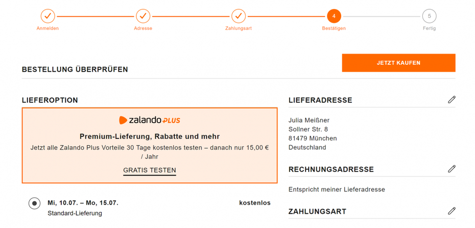Endowed Progress: Nach der ­Anmeldung überspringt der Fortschrittsbalken zwei Schritte und landet direkt beim Schritt ­„Bestätigen“, da Adresse und Zahlungsdaten schon hinterlegt sind. Bis zum Kauf­abschluss ist es jetzt nur noch ein Klick. (Screenshot: Zalando)
