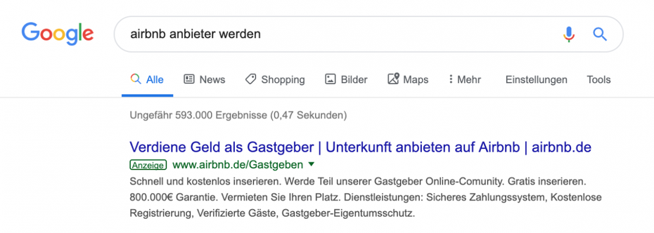 Die Anzeige macht dem Kunden das Versprechen: Klick mich und du findest das, was ich hier beschreibe. (Screenshot: Google)