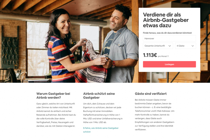 Eingelöst wird das Versprechen von der Landingpage, hier gut umgesetzt von Airbnb: Wording nah an der Anzeige, nur die wichtigsten ­Informationen, keine ablenkenden Menütafeln, deutliche­r Call-to-­Action. (Screenshot: Airbnb)