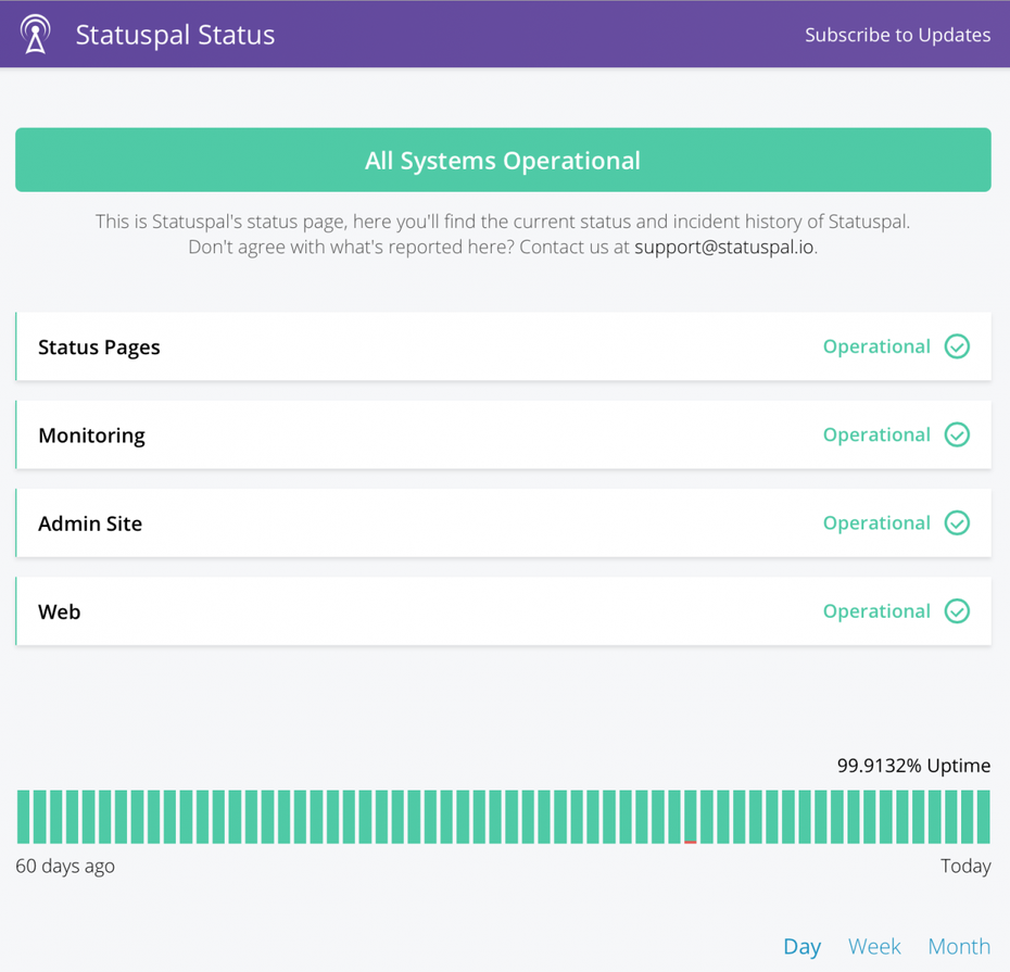 Öffentliche Status-Seiten (hier: Statuspal) liefern detaillierte Angaben zu Ausfallzeiten, durchschnittlichen Antwortzeiten und mehr. Sie gehören inzwischen zum Standard-Repertoire moderner Überwachungsdienste. (Screenshot: Statuspal)
