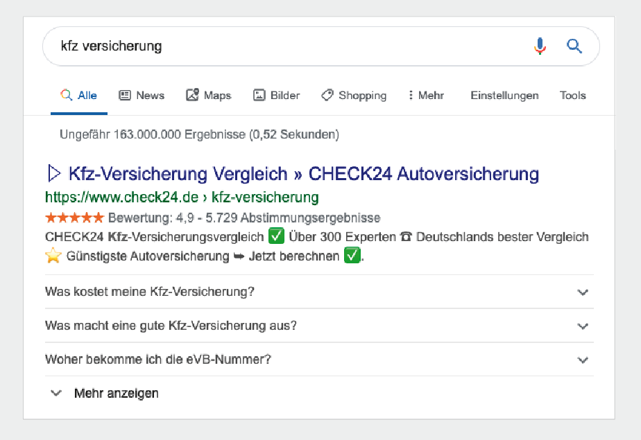 Ausspielung einer FAQ-Box bei Check24.de für den Suchbegriff „KFZ Versicherung“. (Screenshot: Google)