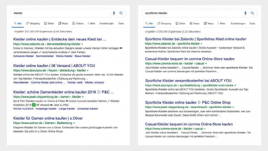 Für das Keyword „sportliche Kleider“ hat ein Anbieter wie „­comma-store“ bessere Chancen als für das deutlich generischere Keyword „Kleider“. (Screenshots: Google)