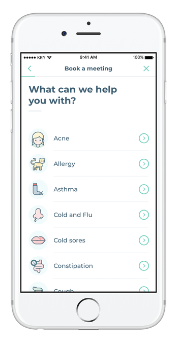 Anhand des Beschwerdebildes entscheidet die App Kry, ob der Patient einen Termin zur Videosprechstunde bei einem Arzt erhält. Eventuell notwendige Rezepte werden direkt an die Wunschapotheke weitergeleitet. (Abbildung: Kry)