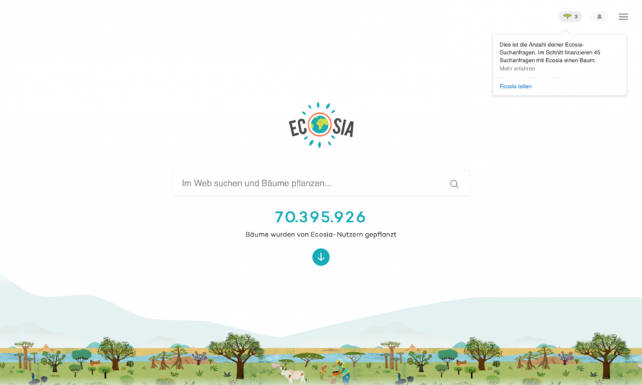 Bedeutsamkeit und Selbstwirksamkeit erleben: Die Suchmaschine Ecosia zeigt an prominenter Stelle die Zahl der Baumpflanzungen an, die Nutzer durch ihre Suchanfragen insgesamt ausgelöst haben. Außerdem vermerkt die Website sogar, wieviele Bäume durch die Suchanfragen jedes einzelnen Nutzers generiert wurden. (Screenshot: Ecosia)