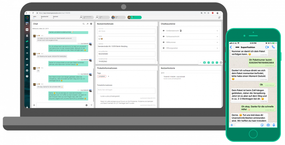 Nutzung der Whatsapp Business API über die Plattform eines Solution Providers, hier Messengerpeople. Neben dem Chat sind Nutzerdaten sowie die Ticketinformationen und -historie immer im Blick. (Abbidlung: Messenger People)