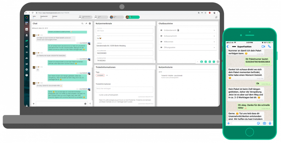 Nutzung der Whatsapp Business API über die Plattform eines Solution ­Providers, hier Messengerpeople. Neben dem Chat sind Nutzerdaten sowie die Ticketinformationen und -historie immer im Blick. (Abbidlung: Messenger People)
