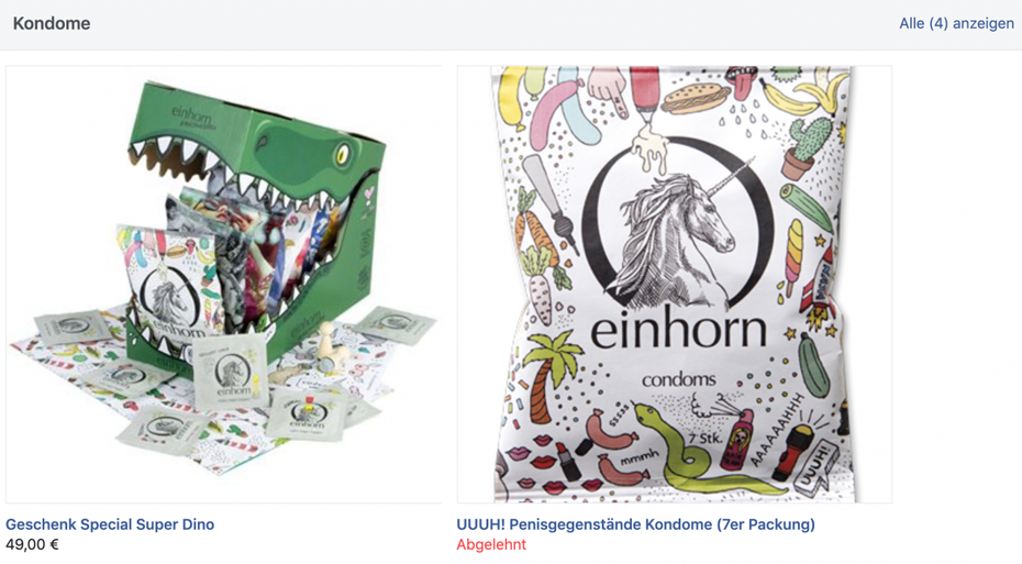 Bei der Auswahl, welche Produkte für Social Commerce zugelassen werden, wirken die Urteile von Facebook willkürlich. Solange Kondome als Dino-Geschenkset verkauft werden, ist alles in Ordnung, aber als „Penisgegenstände“ werden sie abgelehnt. (Screenshot: Facebook / Einhorn)