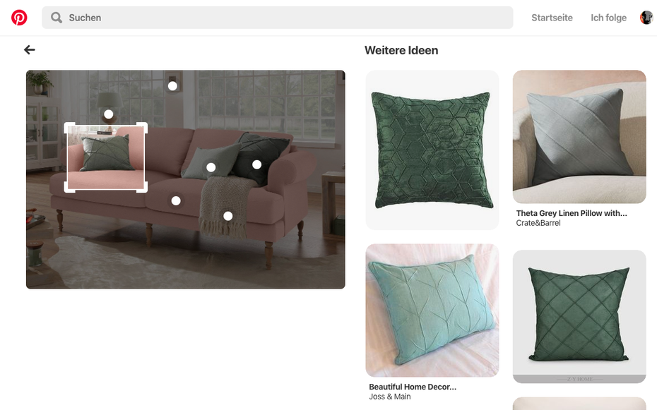 „Zeig mir ähnliche Kissen“: Pinterests visuelle Suche erlaubt es, einzelne Bildbereiche anzuwählen, um optisch vergleichbare Objekte zu finden. Diese können auch aus dem Shop eines anderen Händlers stammen. (Screenshot: Pinterest)